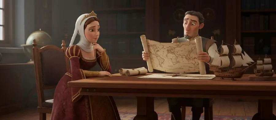 Isabel sentada a una mesa observa un mapa que le muestra un hombre, junto a un globo terráqueo y una maqueta de barco