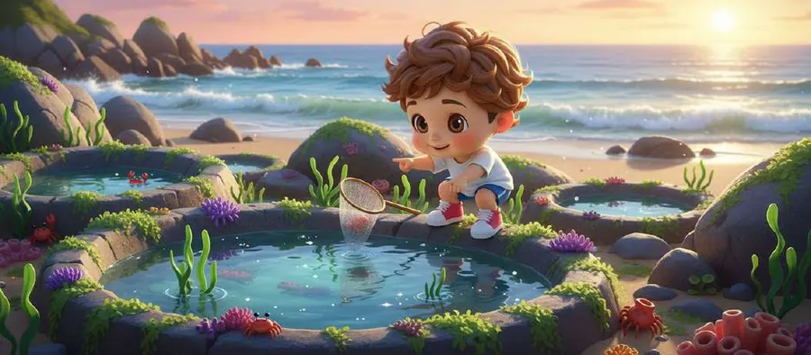 Un niño sentado en las rocas junto a una poza de agua transparente llena de algas, con el mar y el atardecer al fondo