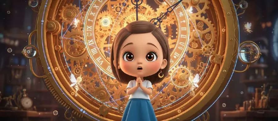 Una niña de pie ante un enorme reloj dorado de engranajes y números romanos que ocupa toda la pared de una cámara