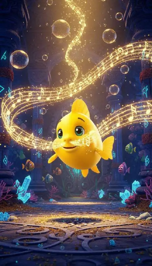 El pez amarillo nada entre burbujas dejando una estela de notas musicales doradas sobre un suelo de mosaico submarino