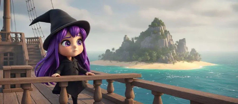Púrpura, con sombrero de bruja, contempla desde la cubierta de un barco una isla tropical rodeada de mar turquesa