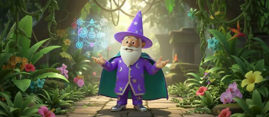 El Mago Crea Cuentos, de túnica violeta con estrellas, explica algo con las manos abiertas en un claro de la selva