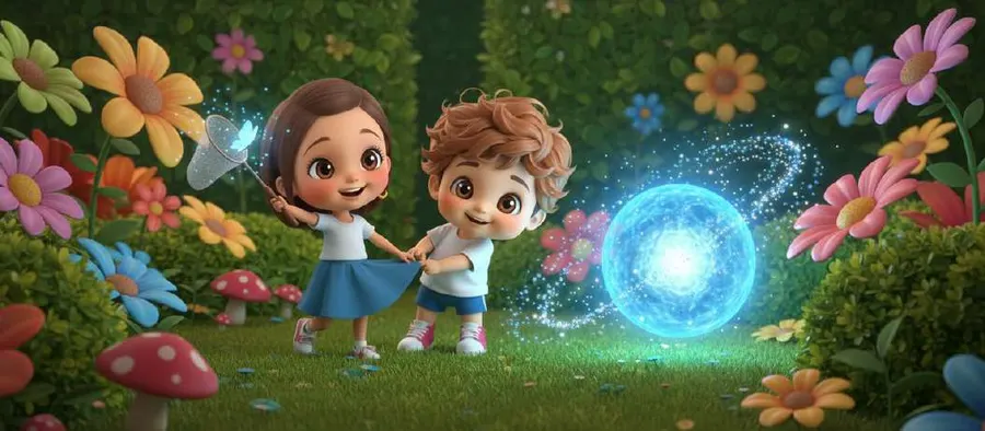 Dos hermanos en un jardín de flores gigantes se acercan a una esfera de luz azul que flota sobre la hierba
