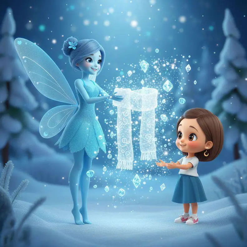 Un hada azul de alas transparentes tiende una bufanda hecha de hielo y copos de nieve a una niña, en un paisaje nevado