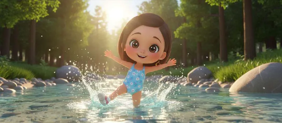 Una niña chapotea con los brazos abiertos en un arroyo de agua transparente, entre árboles a contraluz
