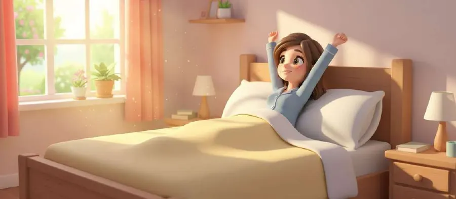 Una niña se despereza estirando los brazos al despertar en su cama, con la luz de la mañana entrando por la ventana