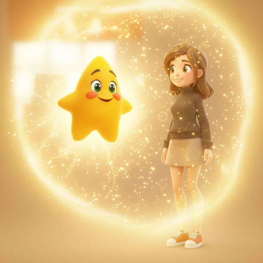Una estrella amarilla con cara sonriente flota dentro de un círculo de luz dorada junto a una niña que la mira