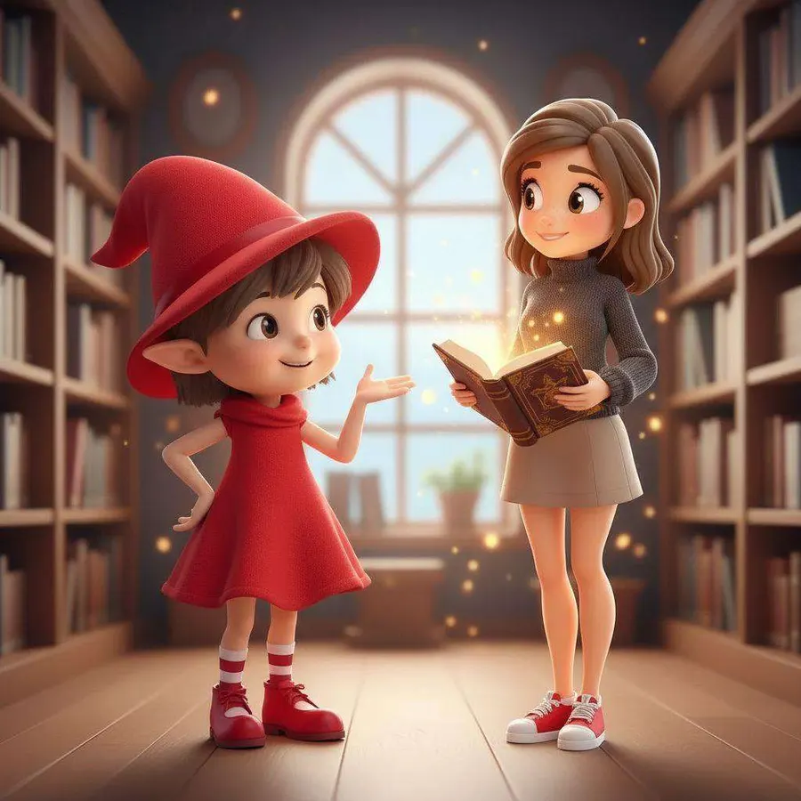 Una brujita con vestido y sombrero rojos explica algo a una niña que sostiene un libro abierto y luminoso, en una sala llena de estanterías