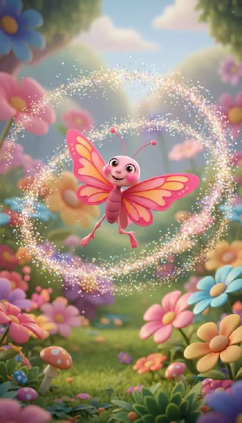 Una mariposa rosa de cara sonriente vuela dejando una espiral de destellos sobre un jardín lleno de flores de colores