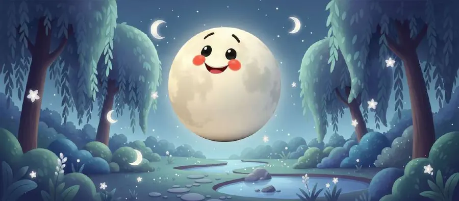Una luna llena con cara sonriente brilla sobre un bosque nocturno de árboles azulados y un estanque en calma