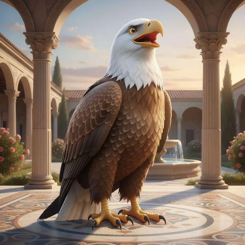 Un águila enorme de plumas doradas, posada en el patio de columnas de la villa junto a la fuente