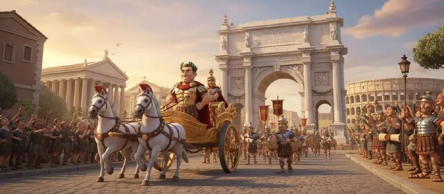 Julio César regresa a Roma en un carro tirado por caballos blancos, entre las legiones y bajo un arco de triunfo