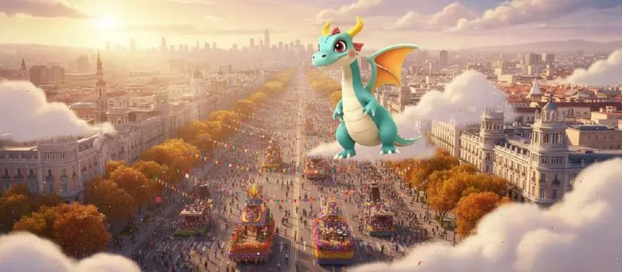 Una dragoncita azul con alas naranjas sobrevuela Madrid entre nubes, con la gran avenida llena de carrozas a sus pies