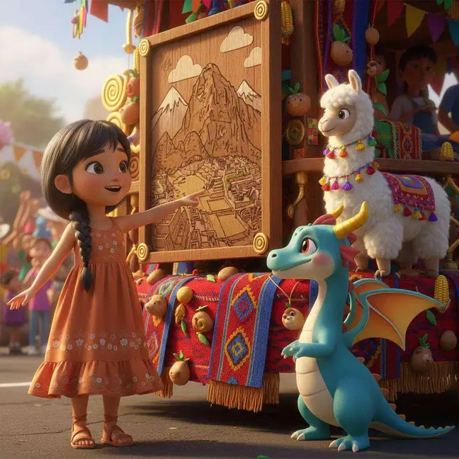 Una niña con vestido naranja señala un relieve de Machu Picchu en una carroza decorada con tejidos andinos y una llama, junto a la dragoncita