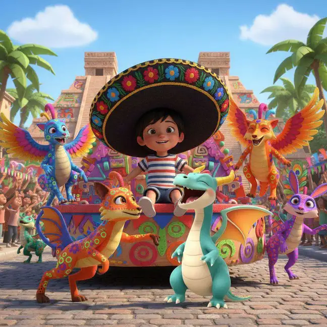 Un niño con sombrero mexicano ríe en una carroza ante una pirámide, rodeado de alebrijes de colores y de la dragoncita