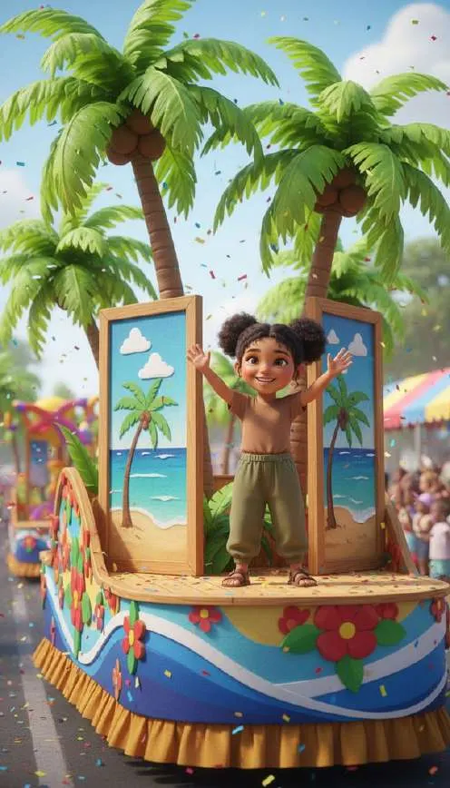 Una niña saluda con los brazos abiertos desde una carroza con palmeras y paneles de playas del Caribe
