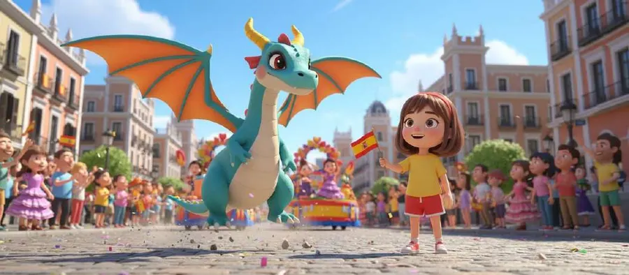 La dragoncita abre las alas en medio de una calle de Madrid llena de gente, junto a una niña de camiseta amarilla