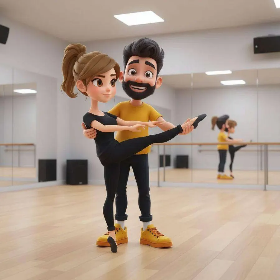 Un bailarín sostiene en brazos a su compañera en mitad de una figura, delante del espejo del aula de baile