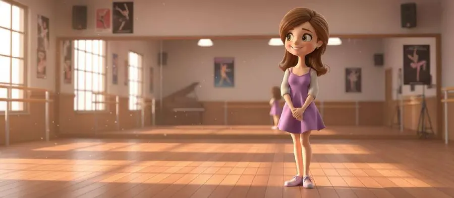 Clara, sola en el aula de baile de suelo de madera, de pie frente a los espejos y la barra