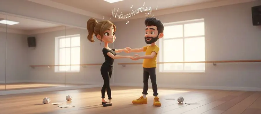 Dos bailarines se dan las manos y se miran mientras unas notas musicales flotan sobre ellos en el aula