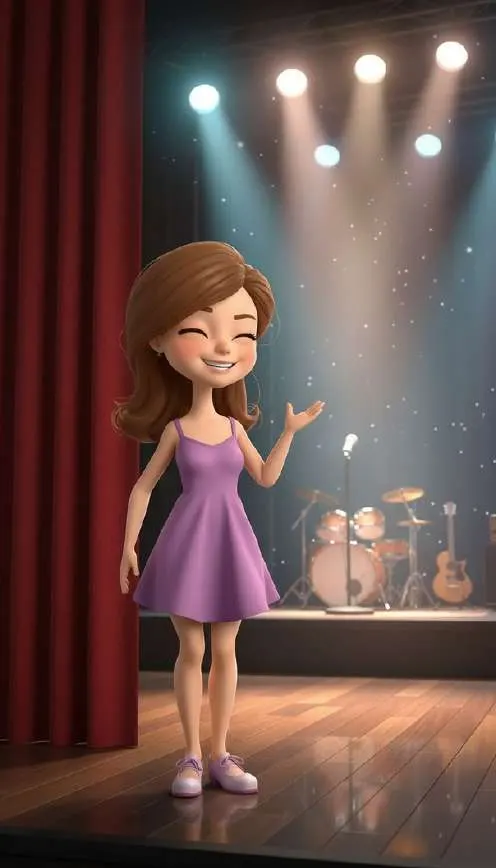 Clara, con vestido lila, sonríe de pie en el escenario bajo los focos, junto al telón rojo
