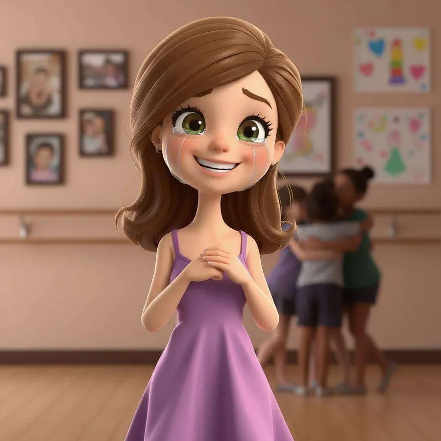 Clara sonríe con lágrimas en los ojos mientras, al fondo, el grupo se abraza en el aula de baile