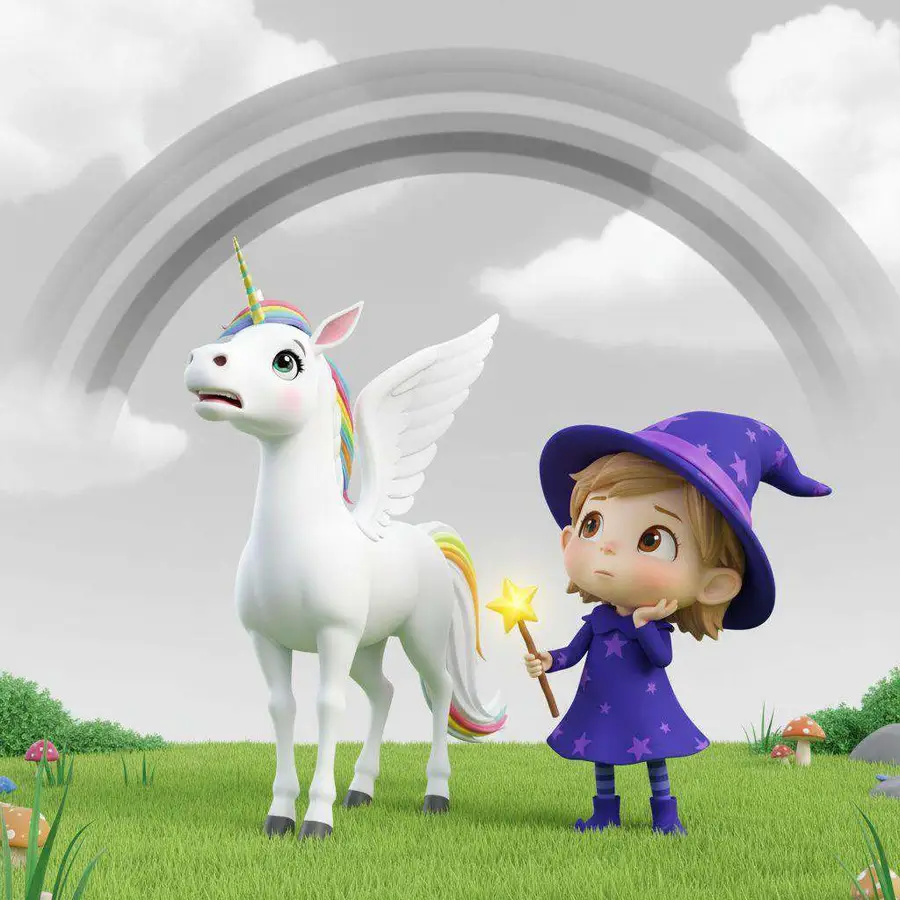 Un unicornio alado y una brujita miran preocupados un arcoíris completamente gris