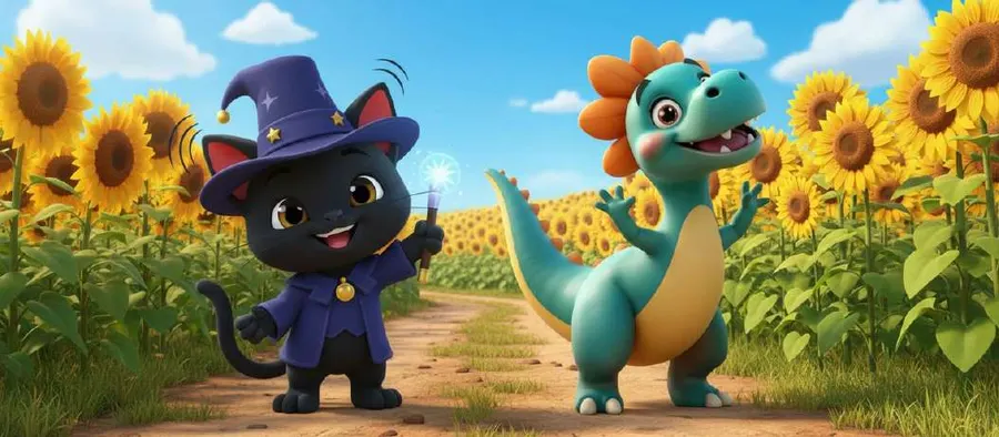 Un gato negro con sombrero de mago y una dinosaurio verde celebran en un campo de girasoles