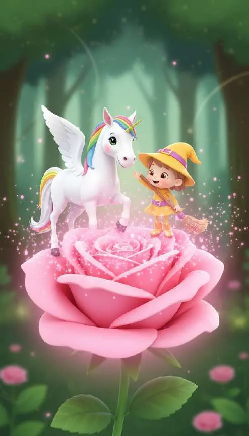 El unicornio y la brujita sobre una enorme rosa rosada que suelta chispas brillantes