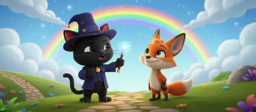 El gato negro y el zorro sonríen en un camino bajo un arcoíris de colores
