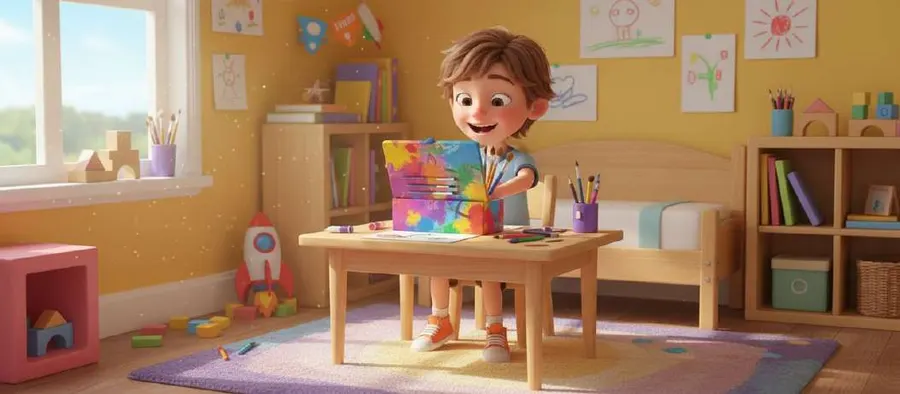 Iván abre una caja de colores en la mesa de su cuarto, rodeado de dibujos pegados en la pared