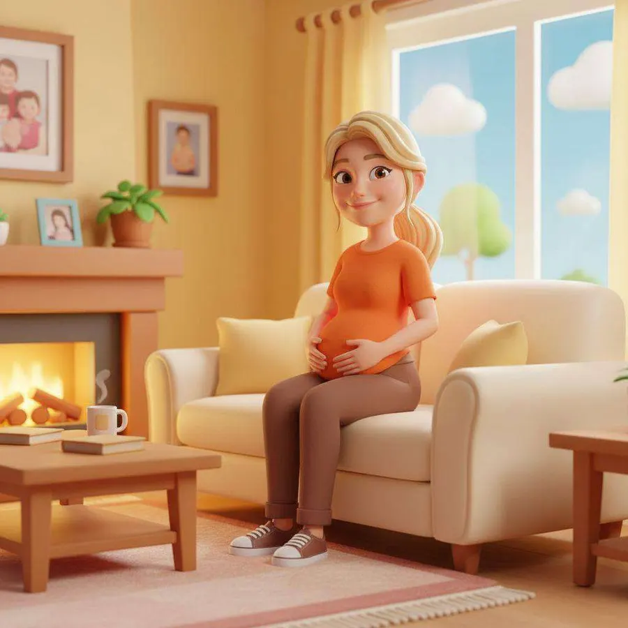Mamá, sentada en el sofá junto a la chimenea, se acaricia la barriga con una sonrisa