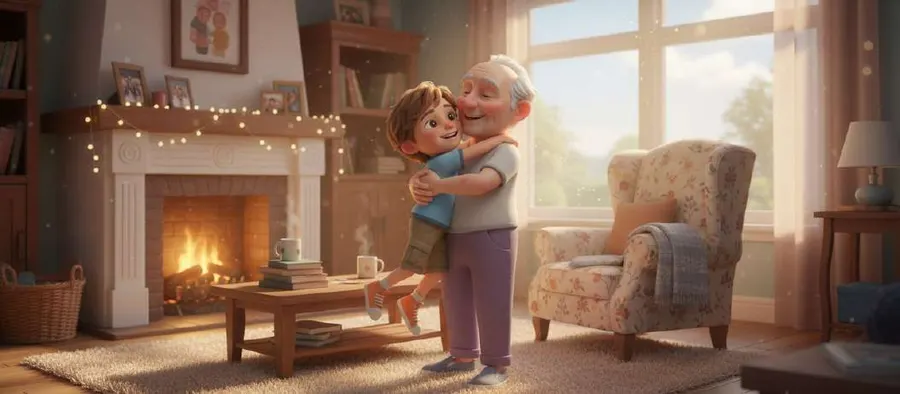 El abuelo abraza a Iván en el salón de casa, junto a la chimenea