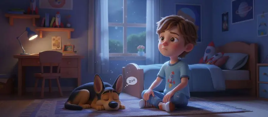 Iván, en pijama, sentado en la alfombra de su cuarto por la noche junto a Lu, su perro, que duerme