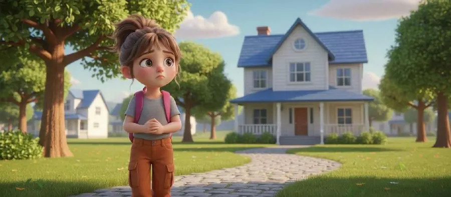 Alma, con su mochila a la espalda, se detiene en el camino que lleva a la casa de tejado azul