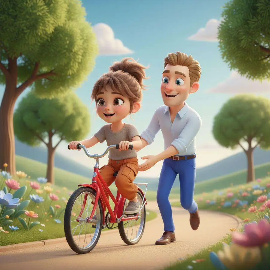 Papá sujeta el sillín de la bicicleta roja mientras Alma pedalea por un camino entre flores