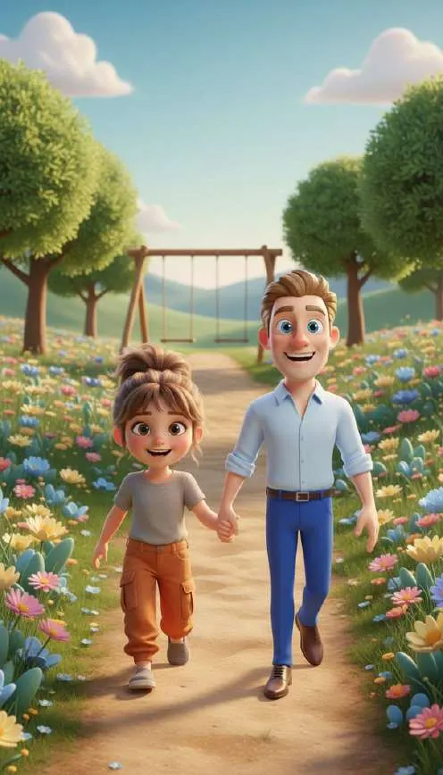 Alma y su padre caminan de la mano por un sendero de flores hacia los columpios del parque