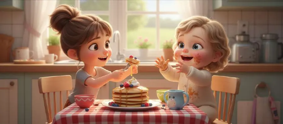 Alma comparte una tortita con la bebé Nora en la mesa de la cocina, con un mantel de cuadros rojos