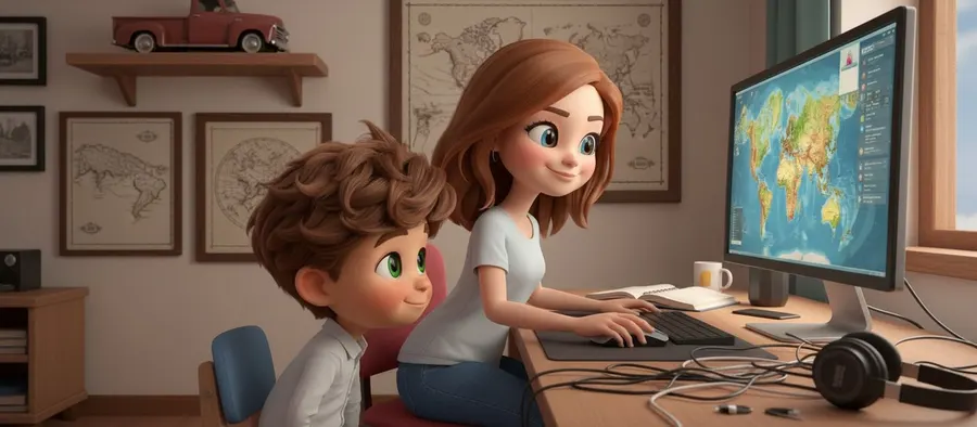 Samuel y su madre, Noemí, frente al ordenador del salón