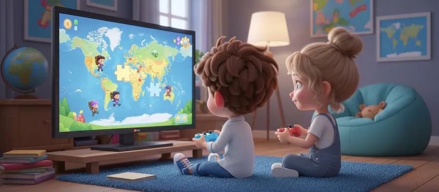 Samuel y Ainhoa juegan frente a una pantalla con un mapa del mundo