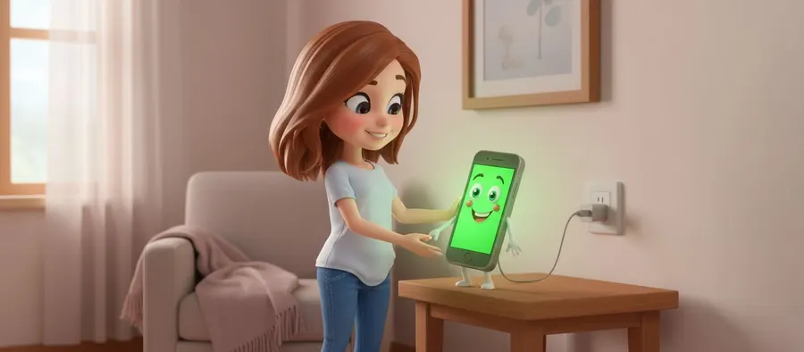 Noemí enchufa al cargador a Piko, el móvil sonriente con la pantalla verde