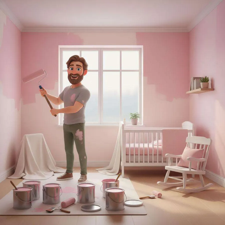Carlos pinta de rosa la pared de la habitación del bebé, con la cuna y la mecedora tapadas y los botes de pintura en el suelo