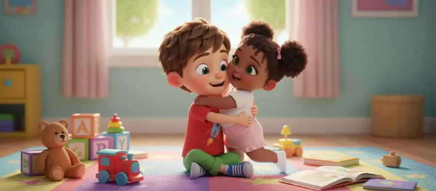 Antonio abraza a su hermana Ana en el cuarto de juegos, rodeados de peluches y cubos de colores