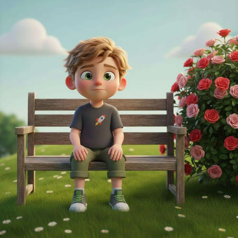 Leo, sentado solo en el banco de madera del jardín junto al rosal en flor