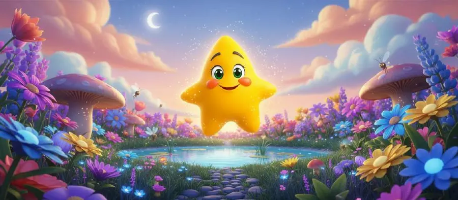 Astri, una estrella amarilla sonriente, flota entre flores luminosas bajo la luna