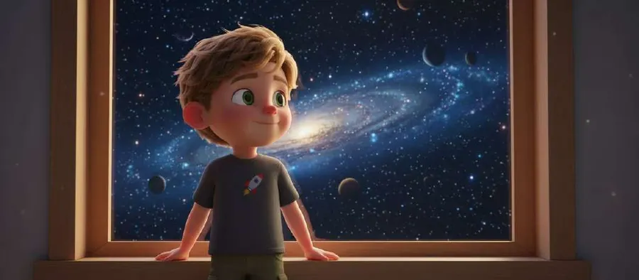 Leo, asomado a una gran ventana, contempla una galaxia y las estrellas del cielo nocturno