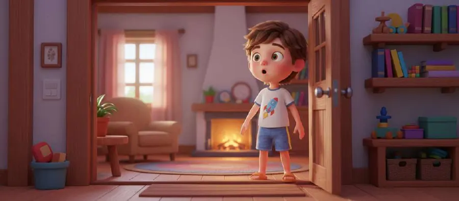 Nico se asoma desde la puerta al salón de la nueva casa de papá, con la chimenea encendida y los estantes llenos de libros