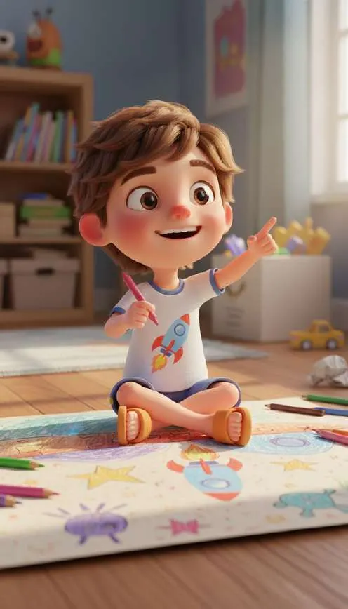 Nico, sentado en la alfombra de su cuarto, señala orgulloso el dibujo que acaba de terminar
