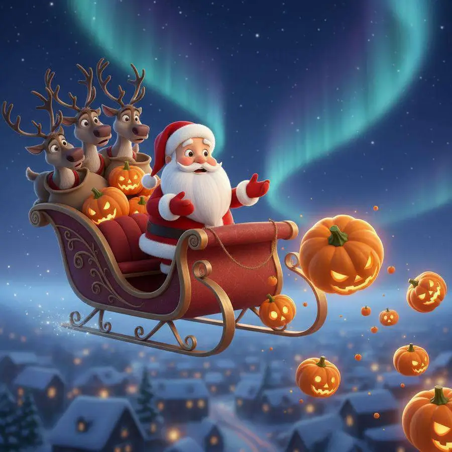 Santa Claus en su trineo tirado por renos, soltando calabazas naranjas iluminadas sobre un pueblo nevado bajo una aurora verde
