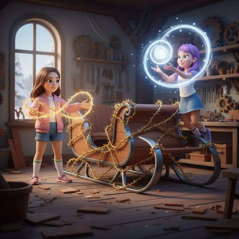 Dos niñas reparan un trineo de madera en un taller, envolviéndolo con hilos de luz dorada y una esfera azul brillante